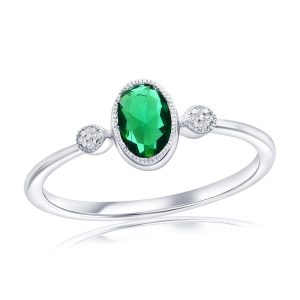 Sterling Silver, Lab-Grown Oval Emerald & Natural Diamond Ring - (9 Stones)