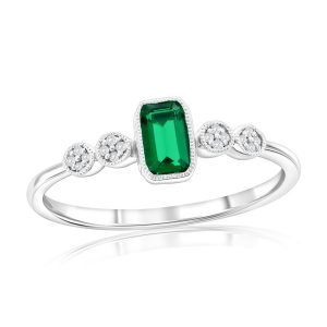 Sterling Silver, Lab-Grown Emerald & Natural Diamond Ring - (17 Stones)
