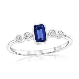 Sterling Silver, Lab-Grown 0.31ct Sapphire & 0.03 Natural Diamond Ring - (17 Stones)