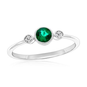 Sterling Silver, Lab-Grown Emerald & Natural Diamond Ring - (9 Stones)