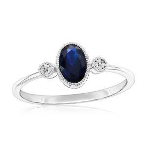 Sterling Silver, Lab-Grown Sapphire & Natural Diamond Ring - (9 Stones)