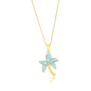 Sterling Silver, Larimar Palm Tree Pendant - Gold Plated