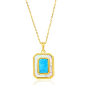 Sterling Silver, Larimar & MOP Rectangle Pendant - Gold Plated