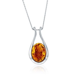 Sterling Silver, Oval Amber, Pear-Shaped Pendant
