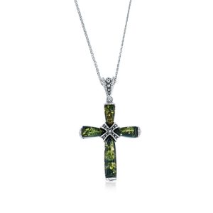 Sterling Silver, Green Amber Cross Pendant