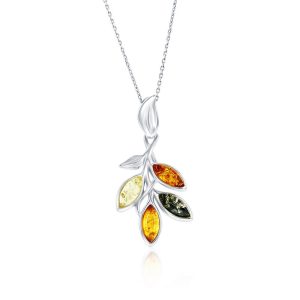 Sterling Silver, Multi-Color Amber Leaf Pendant
