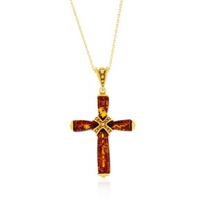 Sterling Silver, Amber Cross Pendant - Gold Plated