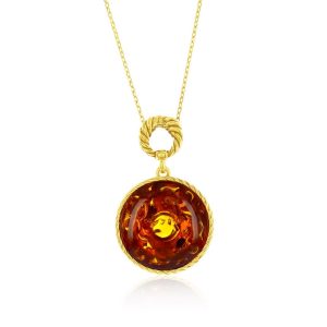 Sterling Silver, Round Amber, Rope Design Outline Pendant - Gold Plated
