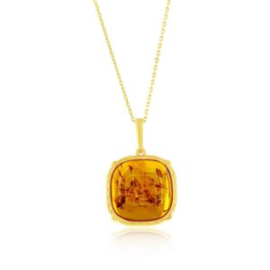 Sterling Silver, Square Amber Pendant - Gold Plated