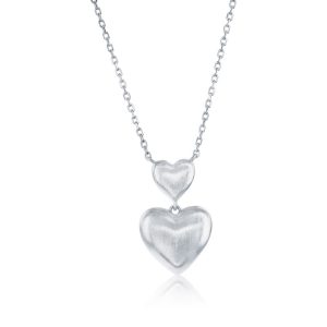 Sterling Silver, Matte Double Heart Puffed Necklace
