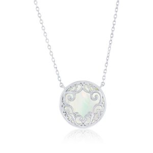 Sterling Silver, Round MOP Filigree Design Necklace