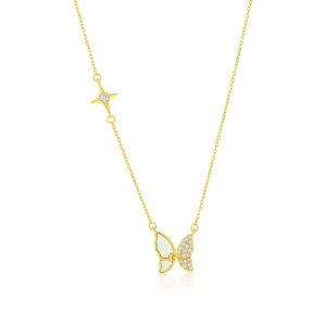 Sterling Silver, MOP & CZ Butterfly Necklace - Gold Plated