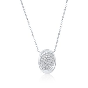 Sterling Silver, Puffed Polished & Pave CZ Oval Necklace