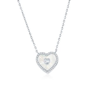 Sterling Silver, D-C Heart MOP & CZ Necklace