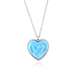 Sterling Silver, Larimar Heart, Beaded Outline Necklace