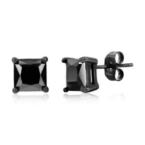 Stainless Steel, 8mm Square Black CZ Studs - Black Plated