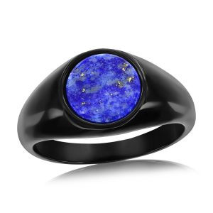 Stainless Steel, Black Plated Inlay Round Ring - Lapis
