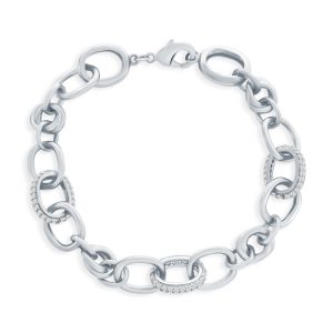 Sterling Silver, Micro Pave CZ & Polished Oval Linked Bracelet