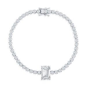 Sterling Silver, Emerald-Cut & Round CZ Tennis Bracelet