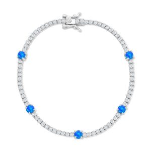 Sterling Silver, Round Blue Opal & CZ Tennis Bracelet