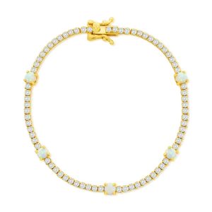 Sterling Silver, Round White Opal & CZ Tennis Bracelet - Gold Plated