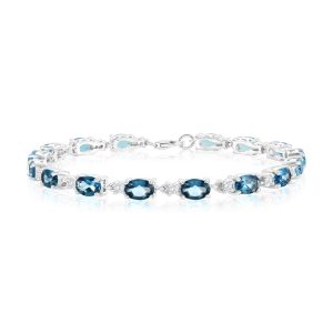 Sterling Silver, Oval 8.80ct London BlueTopaz & 0.64ct White Topaz Gem Bracelet
