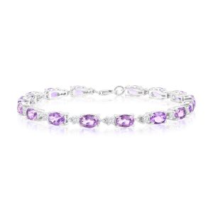 Sterling Silver, Oval Amethyst Gem & White Topaz Bracelet - (7.04cttw)