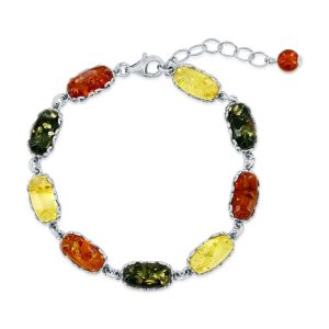 Sterling Silver, Multi-Color Oval Amber Bracelet