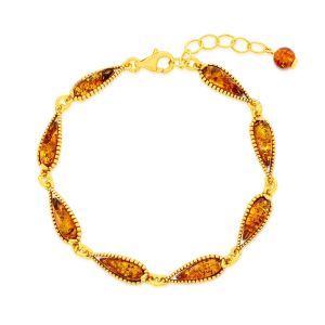 Sterling Silver, Teardrop Amber Link Bracelet - Gold Plated