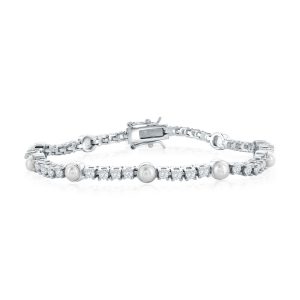 Sterling Silver, Pearl & CZ Tennis Bracelet