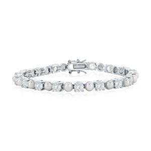 Sterling Silver, Alternating Pearl & CZ Tennis Bracelet