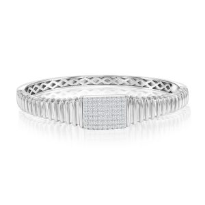 Sterling Silver, Rectangle Pave CZ, Lined Bangle