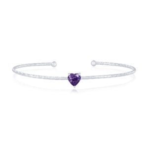 Sterling Silver, 'February' Birthstone CZ Heart Bangle - Amethyst