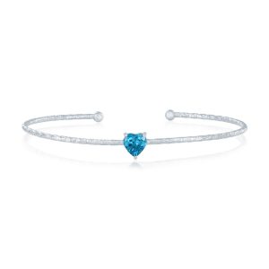 Sterling Silver, 'March' Birthstone CZ Heart Bangle - Aquamarine