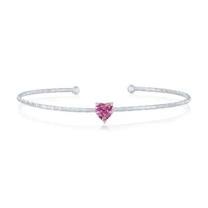 Sterling Silver, 'October' Birthstone CZ Heart Bangle - Pink