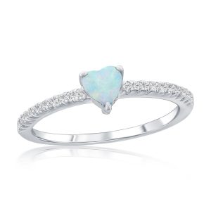Sterling Silver, White Opal Heart & CZ Ring