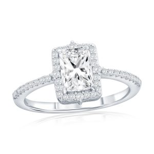 Sterling Silver, Emerald-Cut Halo CZ Engagement Ring