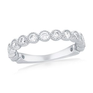 Sterling Silver, Round CZ Beaded Outline Ring